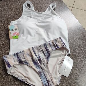 White Tank Top and Striped Bikini Bottom Set